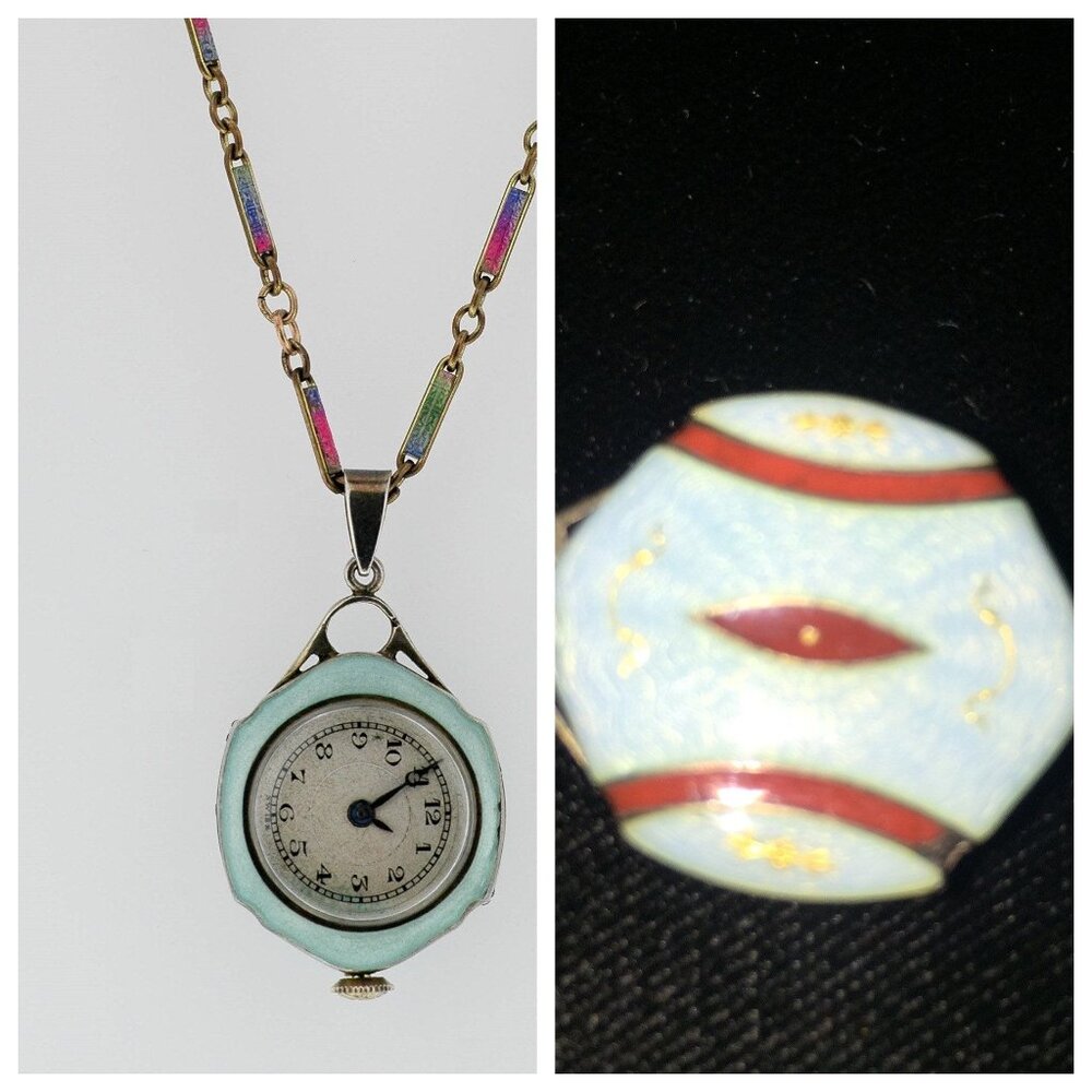 Vintage Lady's Enamel Pocket Watch & Chain 1930's Art Nouveau Speck Watch German